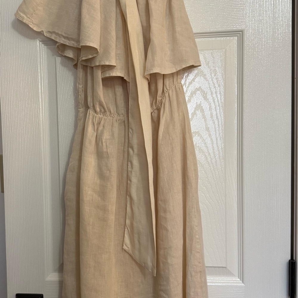 Elegant linen Cream Dress one shoulder with Ruffle Detail